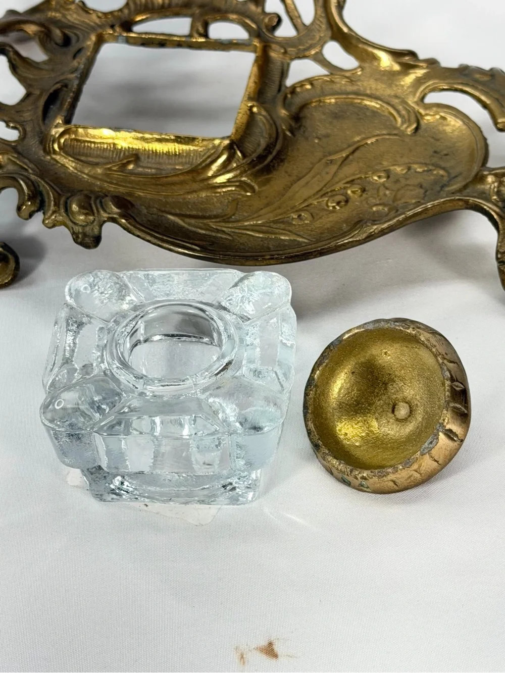 Source Unknown Ornate Brass-Finish Inkwell with Clear Glass Pot